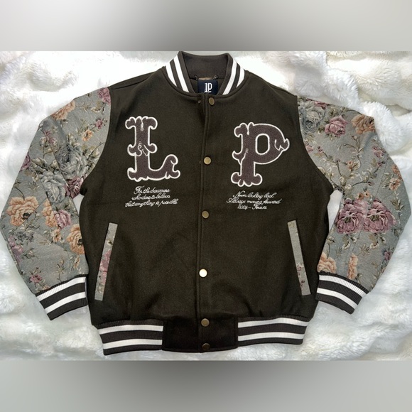 Khaki and cream embroidered varsity jacket #varsityjacket #unisex #floral - Picture 1 of 3
